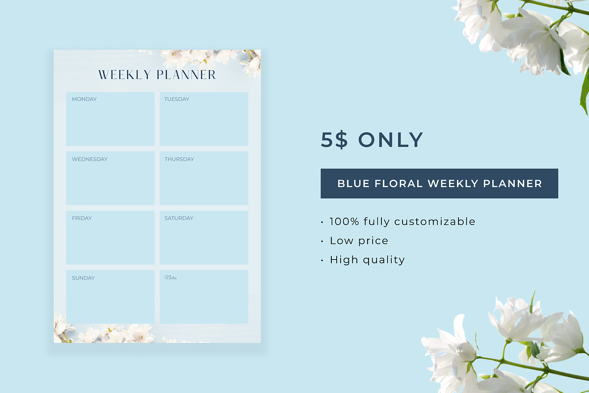 Blue Floral Weekly Planner, a Stationery Template by KreyaParekh (Photo 1 of 4)
