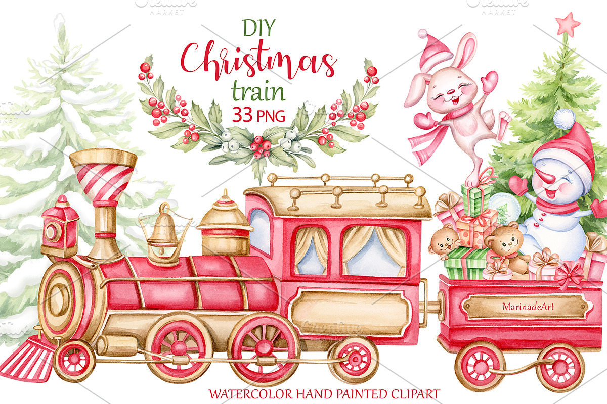 Christmas train watercolor clipart, an Illustration by MarinadeArt (Photo 1 of 8)