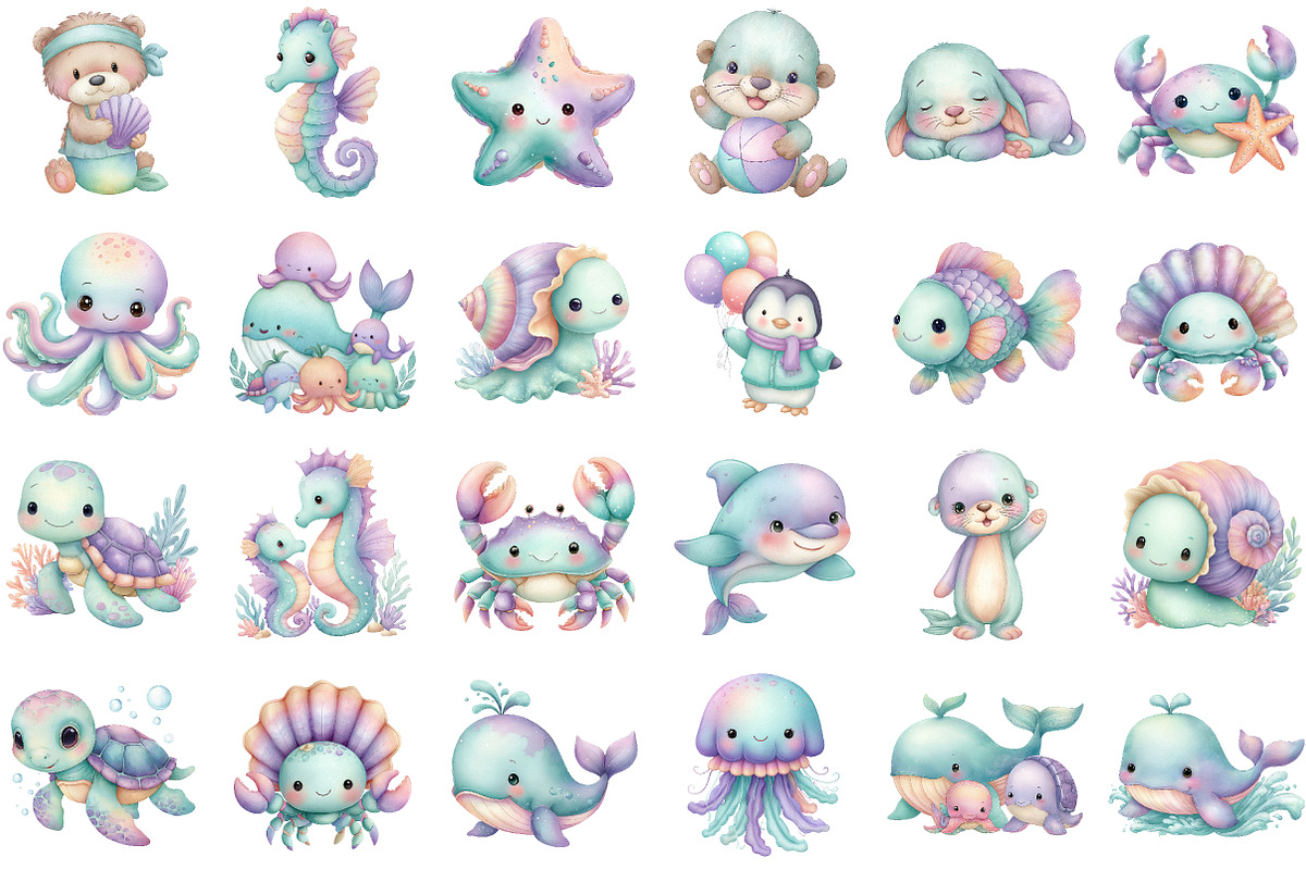 Cute Sea Animals Watercolor Clipart, an Illustration by Sublimation Artist (Photo 2 of 6)