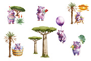 Birthday Hippo – Watercolor Clipart, an Illustration by IrynaPanashii (Thumbnail 4 of 9)