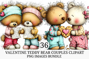 Valentine Teddy Bear Couples Clipart, an Illustration by Craft Nest