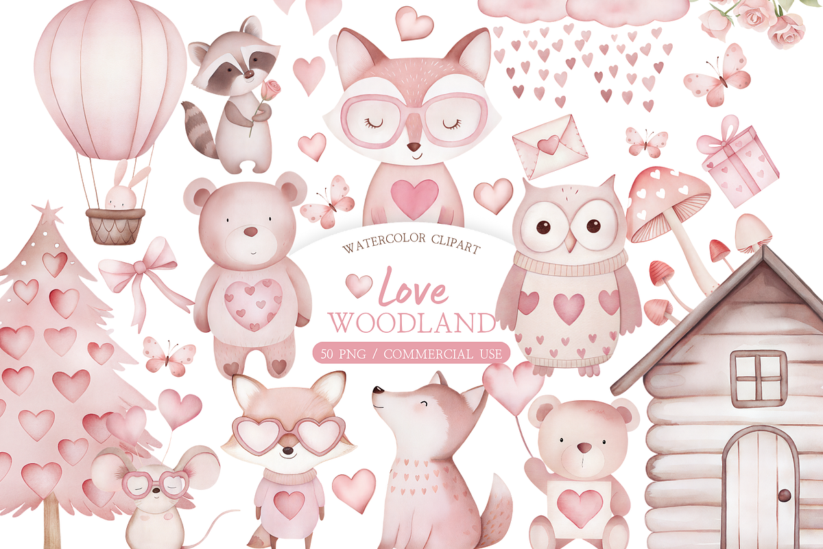 Watercolor Love Woodland Clipart Set, an Illustration by MockupWizard (Photo 1 of 6)