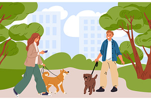Guy and girl walk their dogs in, an Animal Illustration by Vectorbuum