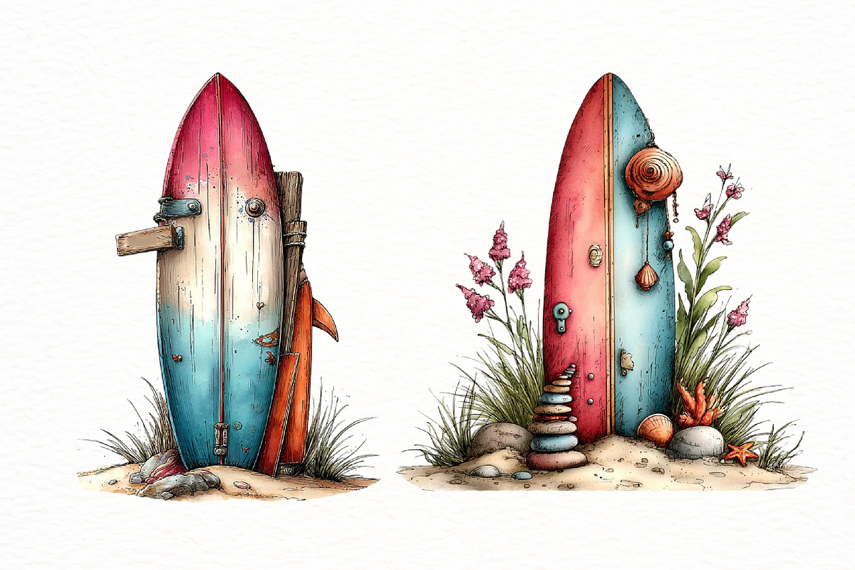 Whimsical summer surfboard clipart, an Illustration by Designworld (Photo 2 of 8)