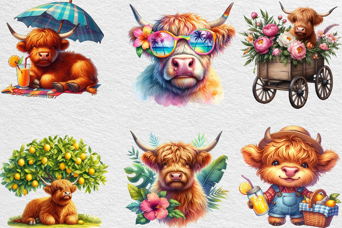 Highland Cow Summer Watercolor Clipa, an Illustration by Black Bird Studio (Photo 3 of 4)