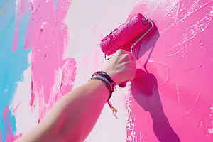 Female hand holding roller brush with pink paint on the wall, an Arts & Entertainment Photo by AlyaAnd
