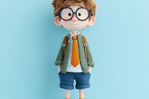 Smiling cartoon schoolboy with glasses and orange tie standing c, a Person Photo by José Manuel Gelpi
