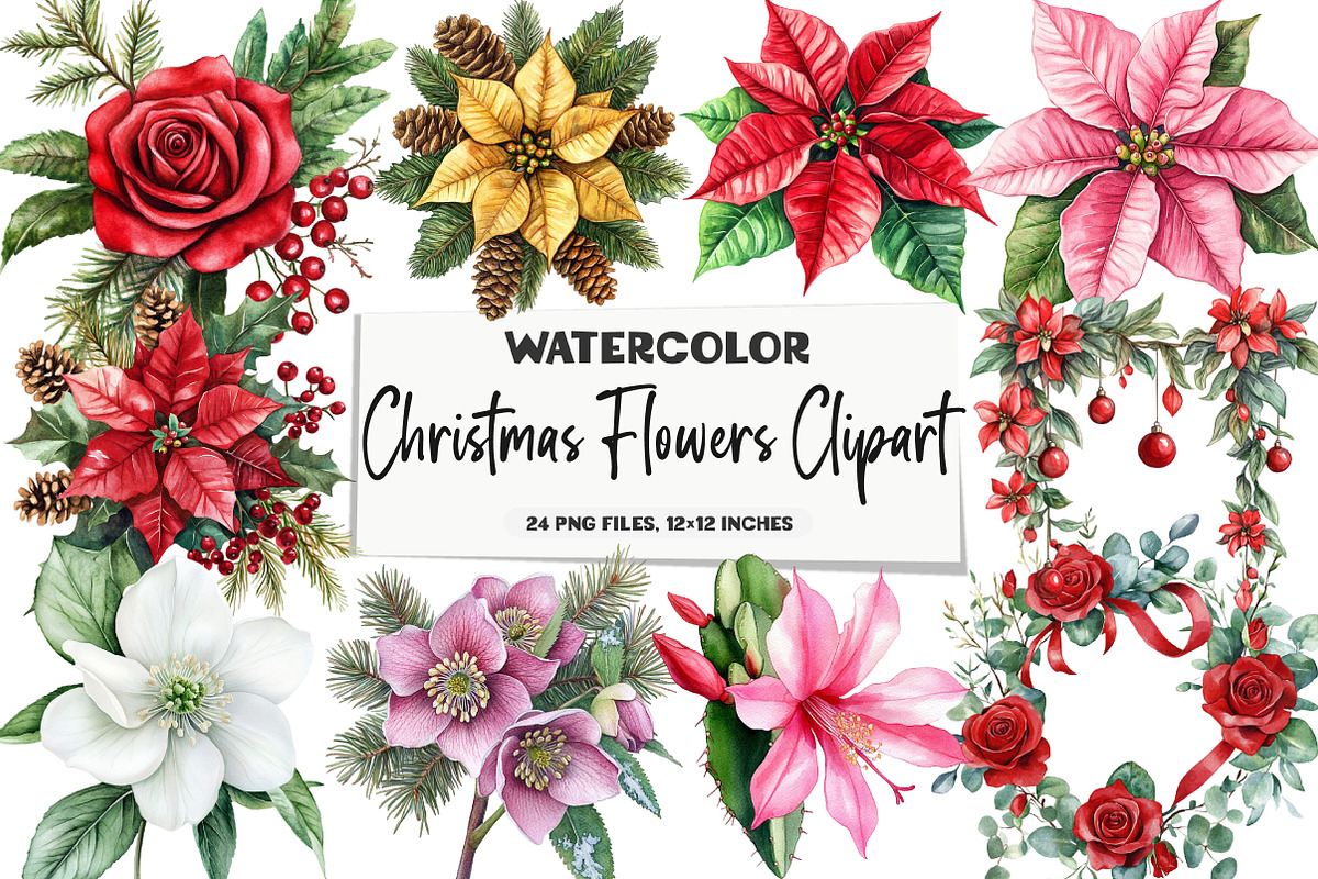 Christmas Flowers Clipart, an Illustration by DreamArtGraphic (Photo 1 of 5)