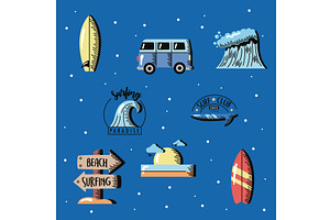 eight surf sport icons, an Object Illustration by studiogstock