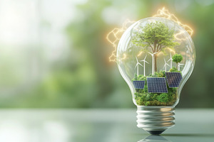 Eco concept for earth day with lightbulb, wind turbines and sola, a Photo by Dvoevnore photos