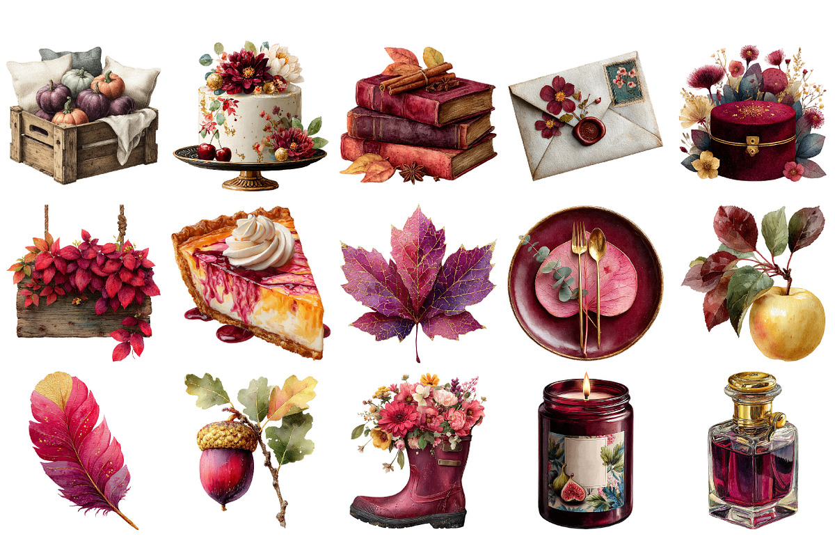 Watercolor Burgundy Autumn Clipart, an Illustration by Craft Nest (Photo 3 of 4)
