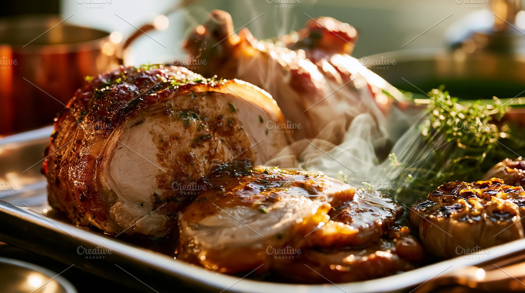 Steaming roasted pork joint with gravy, fresh herbs and whole garlic cloves on, a Photo by Studio ANNA