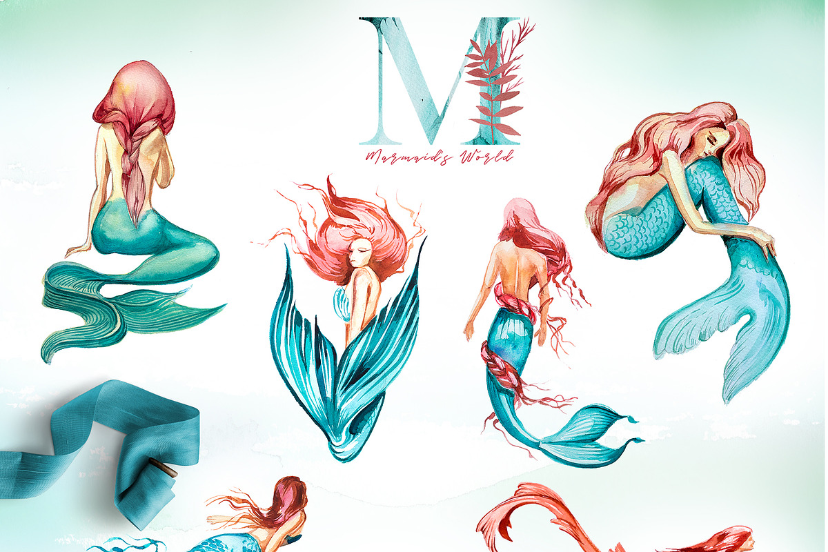 Watercolor Mermaid's World Clipart, a Person Illustration by ArtCreationsDesign (Photo 6 of 8)