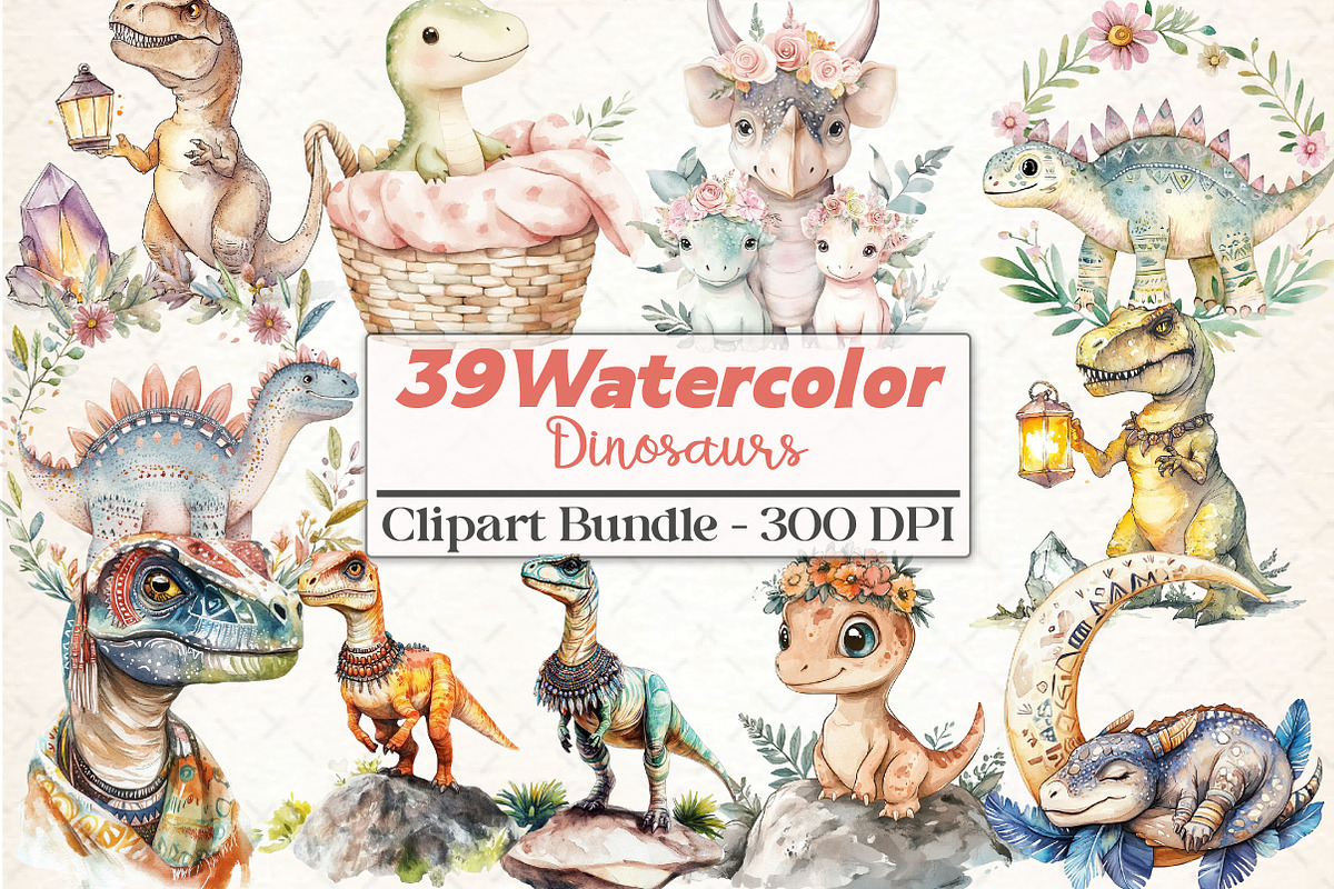 Watercolor Dinosaurs Boho Clipart, an Illustration by DreamCafeArt (Photo 1 of 5)