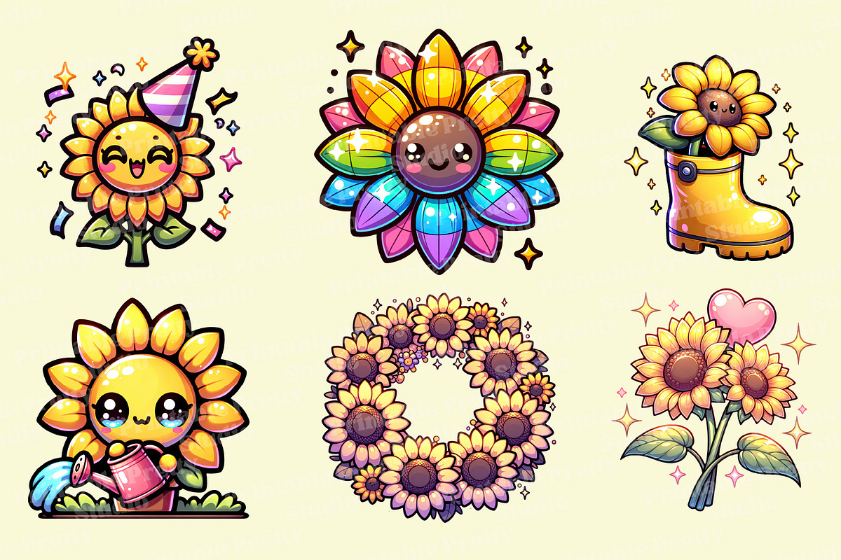 Kawaii Sunflower Clipart PNG Set, an Object Illustration by Printable Pretty Studio (Photo 2 of 4)