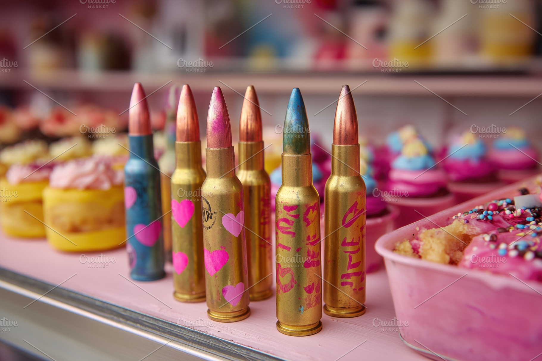 A colorful display of decorated bullets resembling candy, set against a backdro, an Arts & Entertainment Photo by Textures & Backgrounds