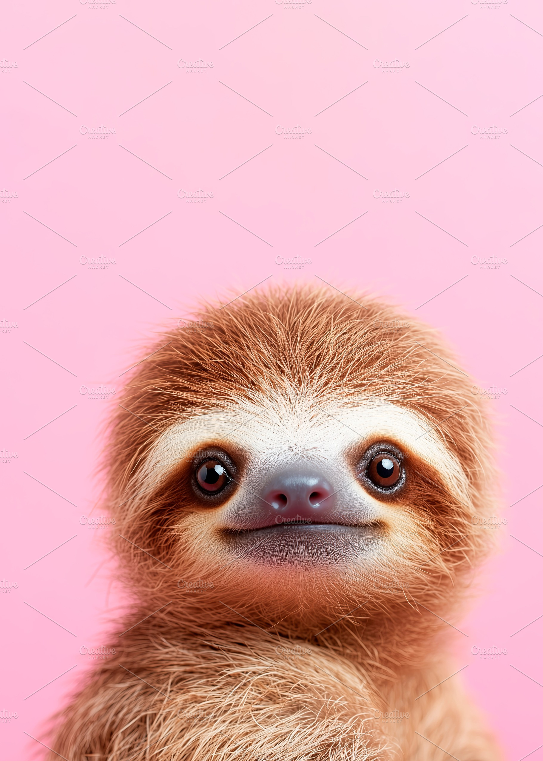 Baby sloth on a pink background, a Photo by Elles Rijsdijk