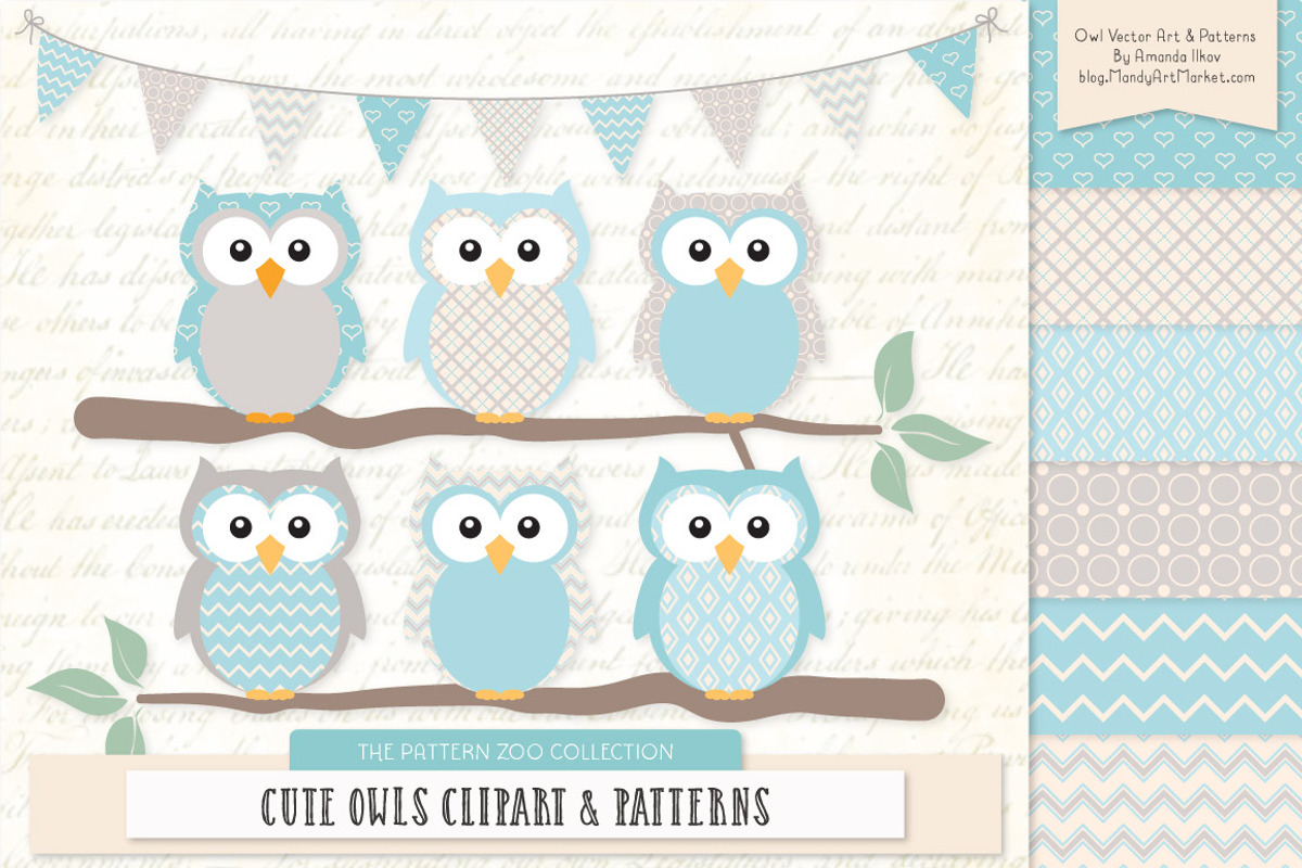 Owls Clipart & Patterns in Soft Blue, an Animal Illustration by Amanda Ilkov (Photo 1 of 4)