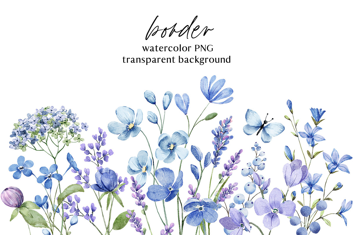 Blue flowers watercolor PNG clipart., a Decorative Illustration by Larisa Maslova (Photo 8 of 9)