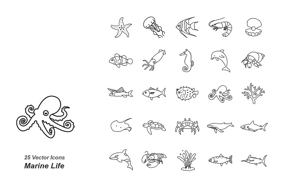 Marine Life Outlines Vector Icons