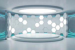 Abstract modern architecture containing showroom, stage, and design