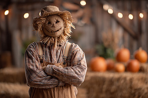 Scarecrow stands in a rustic barn during autumn with pumpkins in the background, a Photo by AlyaAnd