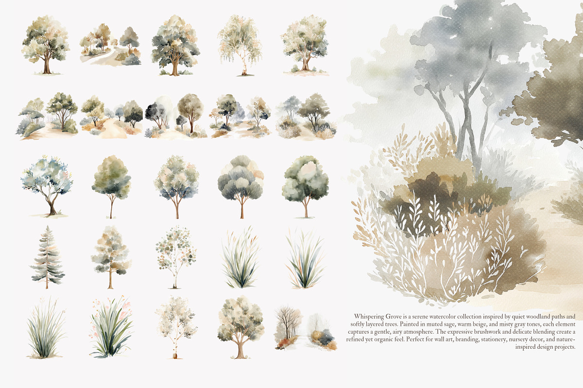 Neutral watercolor tree clipart set, a Decorative Illustration by Patishop Art (Photo 6 of 8)
