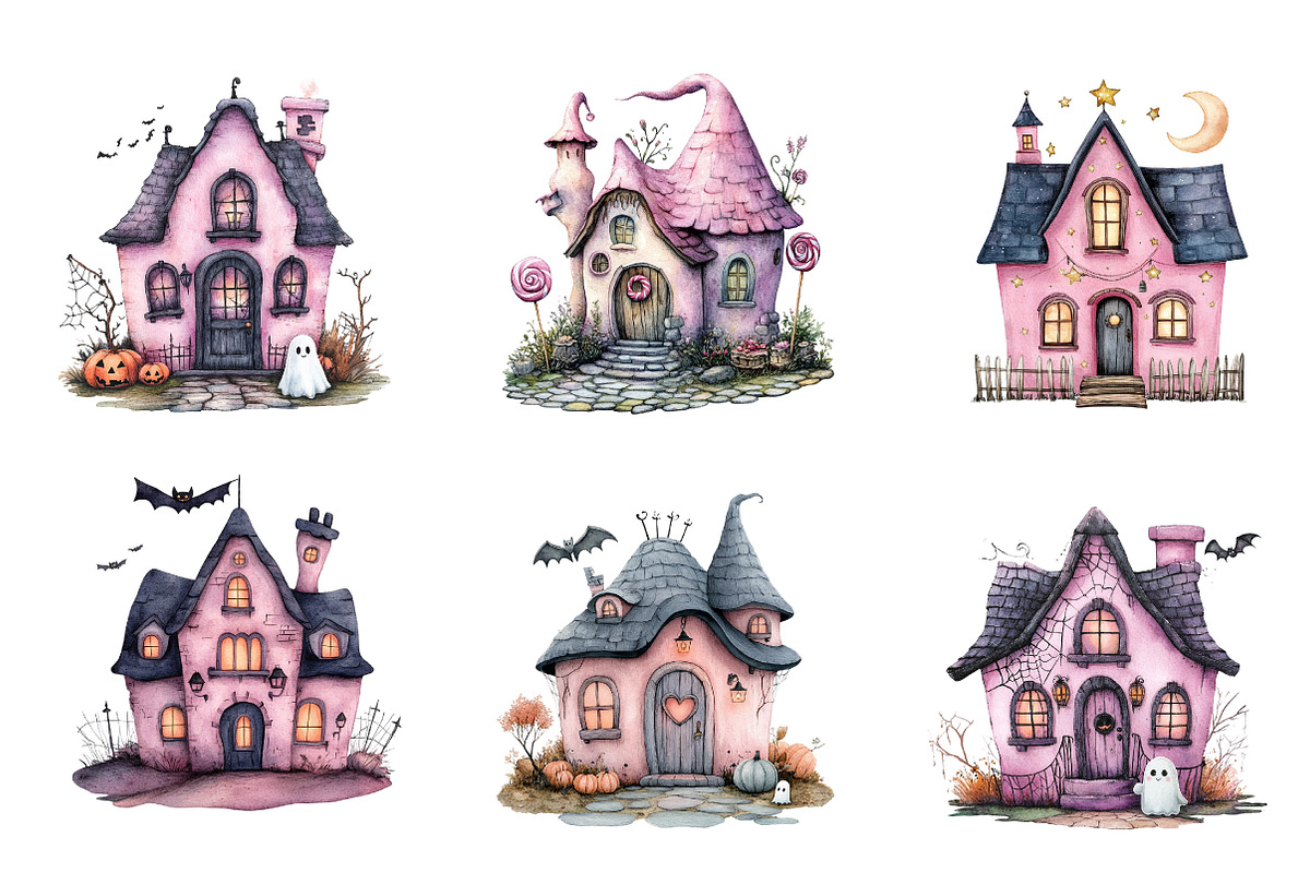 Watercolor Cute Pink Witch House PNG, an Illustration by SinaCreation (Photo 2 of 5)