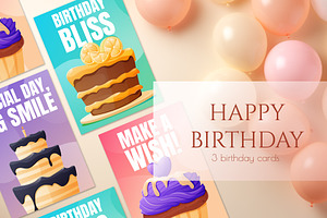 3 Vector Birthday Cards, an Object Graphic by EeKayStore