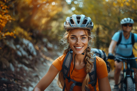 Smiling Sporty Couple Biking on a Scenic Forest Trail in Autumn, a Photo by AS photostudio