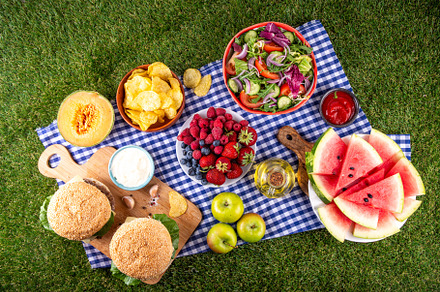 Tasty summer barbecue table with hamburgers, salads, fruits and