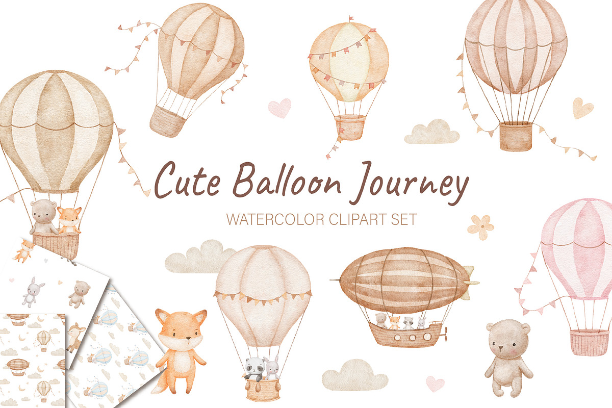Hot Air Balloon Baby Animal Clipart, an Animal Illustration by ElenaPlatovaArt (Photo 1 of 11)