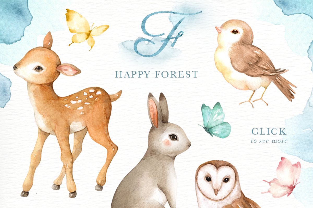 Happy Forest Watercolor Clip Art, an Animal Illustration by everysunsun (Photo 2 of 6)
