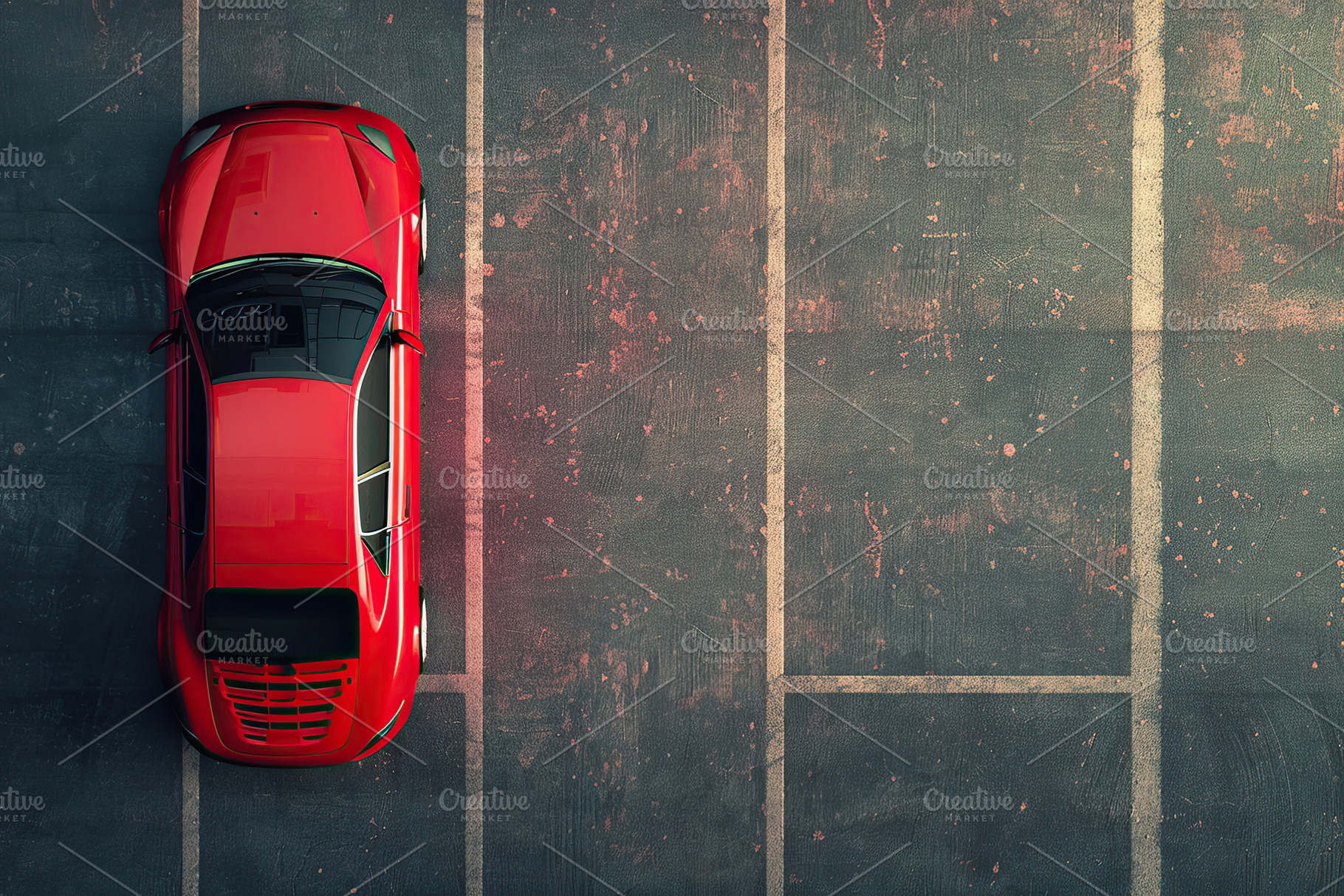 Aerial view of red car parked in the parking lot, a Transportation Photo by AlyaAnd