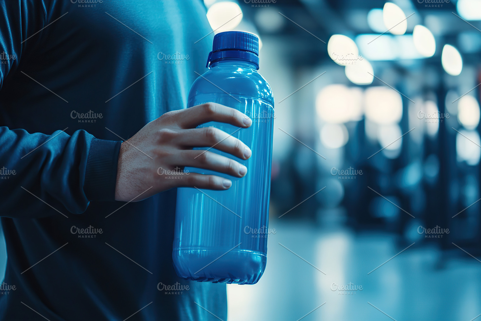 Athlete holds blue reusable sports bottle in gym during workout session, a Sports & Recreation Photo by AlyaAnd
