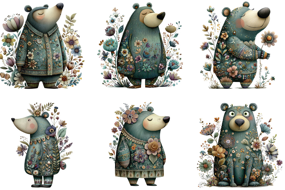Whimsical Animal Floral Bear Clipart, an Illustration by CraftArtStudio (Photo 2 of 6)