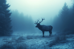 Majestic deer stands in a misty, an Animal Photo by MistyDay