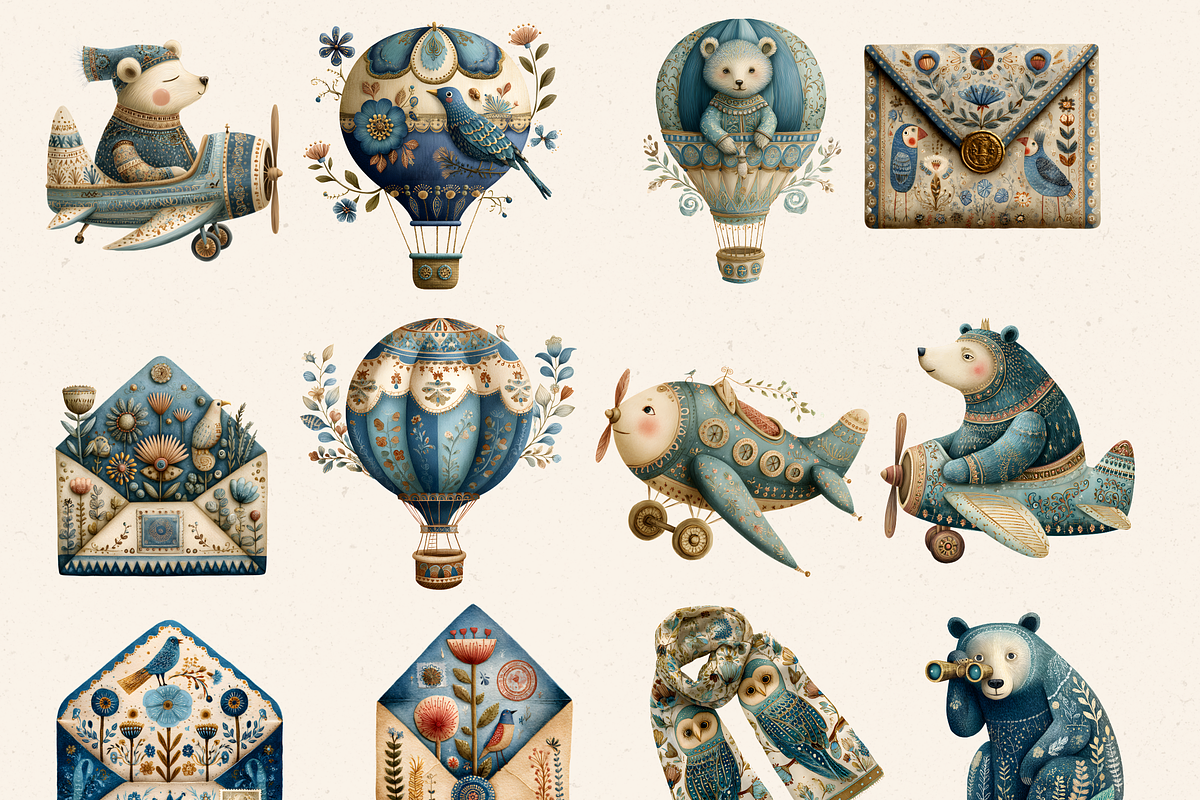 BLUE FOLK BEAR BABY SHOWER CLIPART, an Animal Illustration by Daring Digies (Photo 5 of 9)