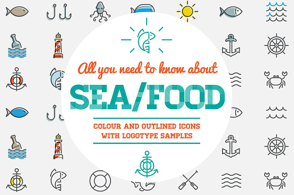 Awesome Seafood Icons And Logo Set