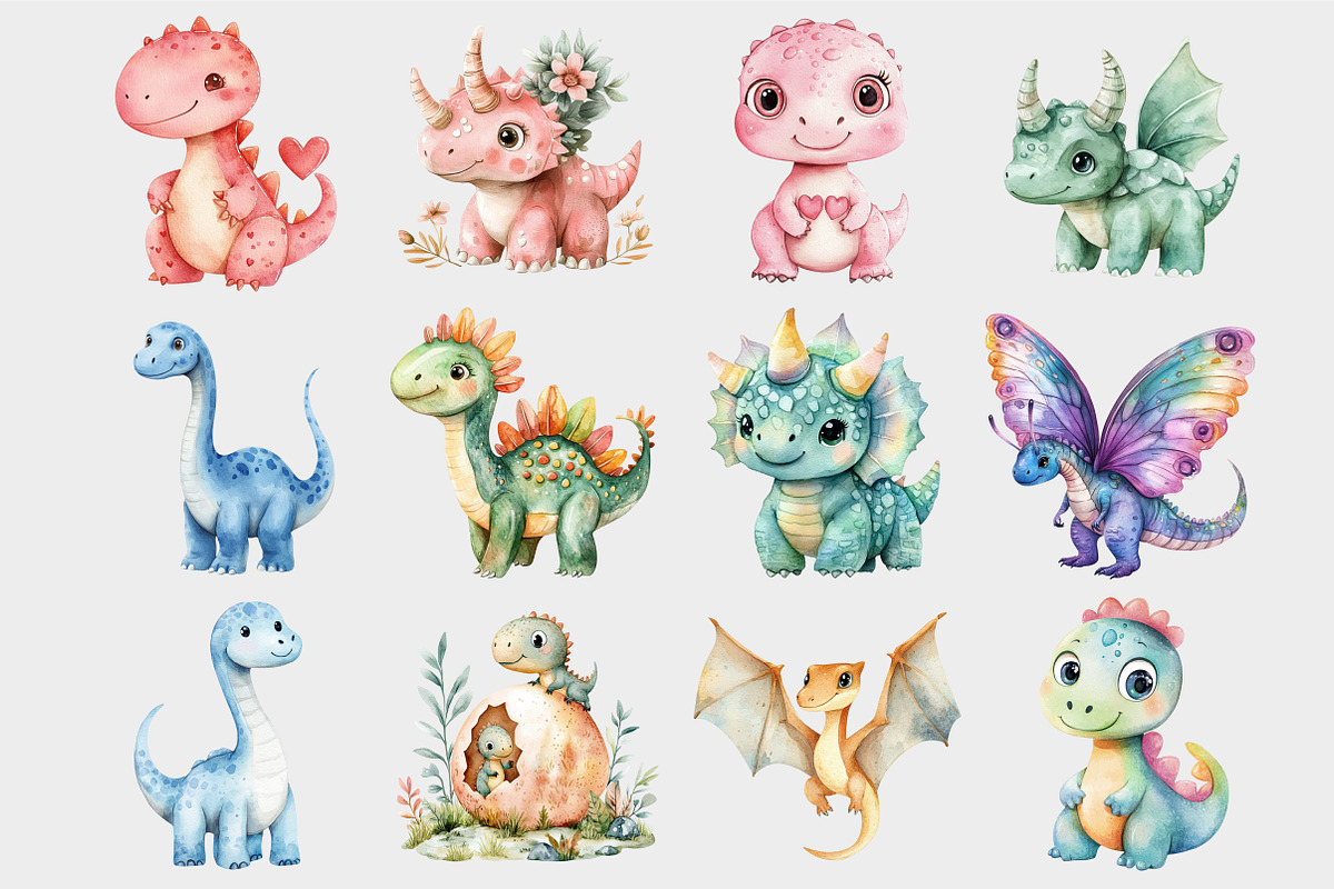 Watercolor Cute Dino Clipart, a Seasonal Illustration by Design Market (Photo 4 of 5)