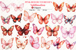 Watercolor Pink red butterflies png, an Illustration by Watercolor design