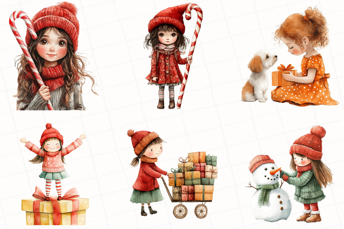 Watercolor Christmas Girls Clipart, an Illustration by OK Design (Photo 2 of 5)