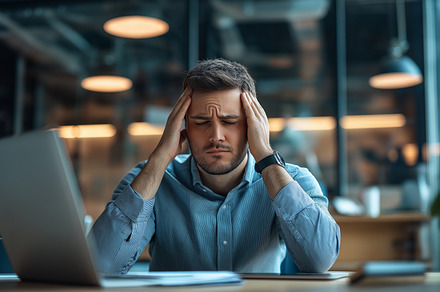 Man holding his head while suffering, a Business Photo by MistyDay