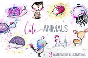 9 Cute Watercolor & Ink Animals Pack, an Animal Illustration by Yasmina Creates (Thumbnail 1 of 5)