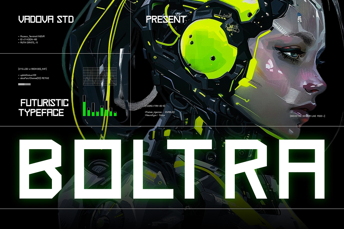 Boltra – Futuristic Display Typeface, a Sans Serif Font by Vadovastd (Photo 1 of 7)