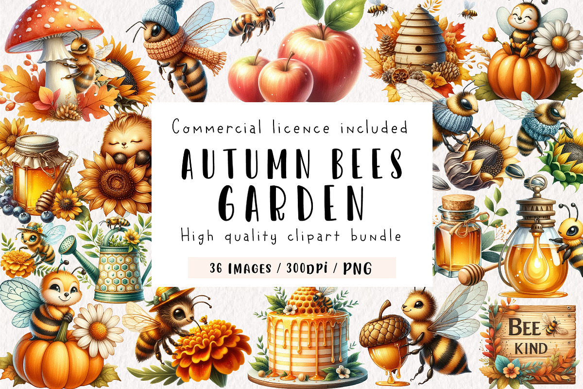 Watercolor Autumn Bees Garden Clipar, an Illustration by CreationArt (Photo 1 of 9)