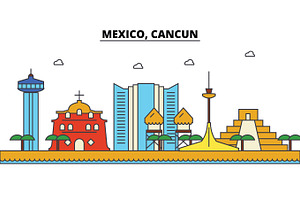 Mexico, Cancun. City Skyline: Architecture, Buildings, Streets, Silhouette, Landscape, Panorama, Landmarks. Editable Strokes. Flat Design Line Vector 