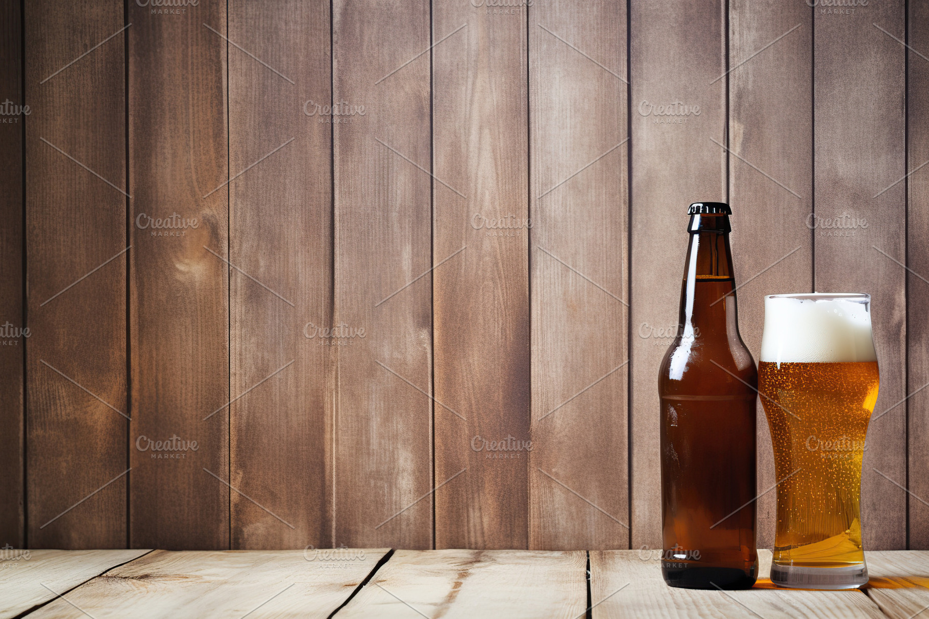 Bottle and glass of beer on wooden background, a Food & Drink Photo by AlyaAnd