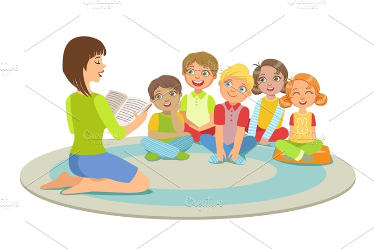 Group Of Small Kids Sitting Around The Teacher On The Floor Reading A Story, an Education Illustration by TopVectors