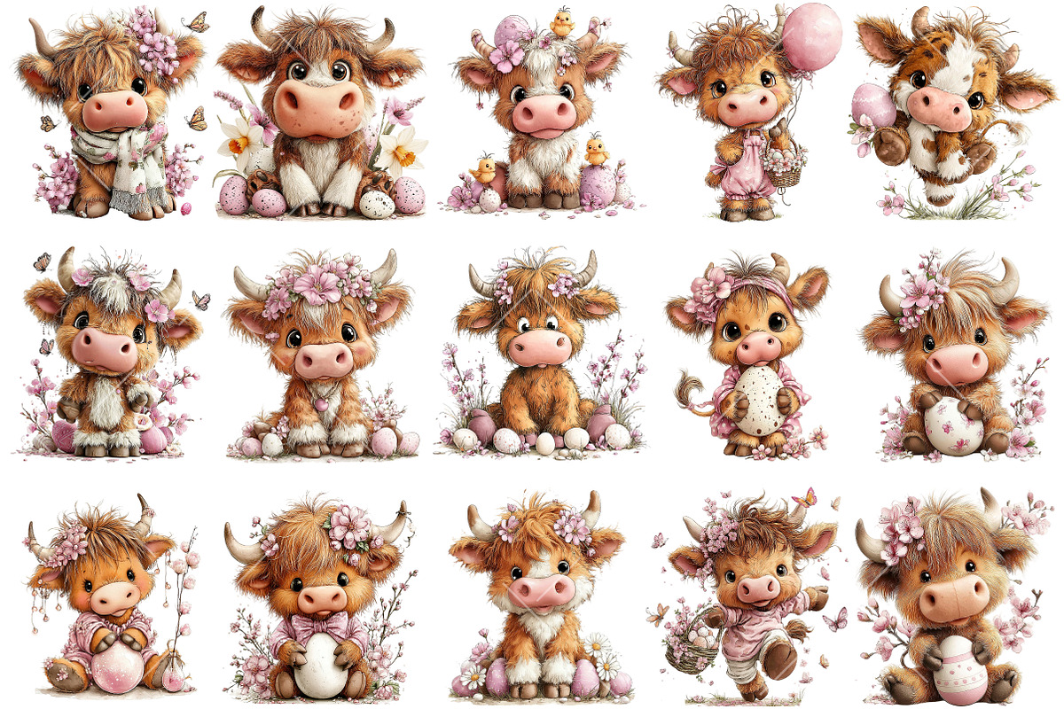 Whimsical Easter Highland Cow Clipar, an Illustration by OK Design (Photo 3 of 6)